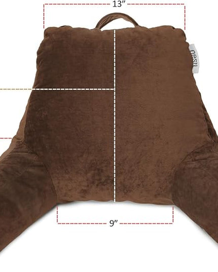 Nestl Reading Pillow with Portable Laptop Lap Desk, Velvet Feel Back Pillow for Sitting in Bed, Shredded Memory Foam Back Support Pillow for Bed, Bed Rest Pillow with Arms, Small - Brown - LeafyLoom