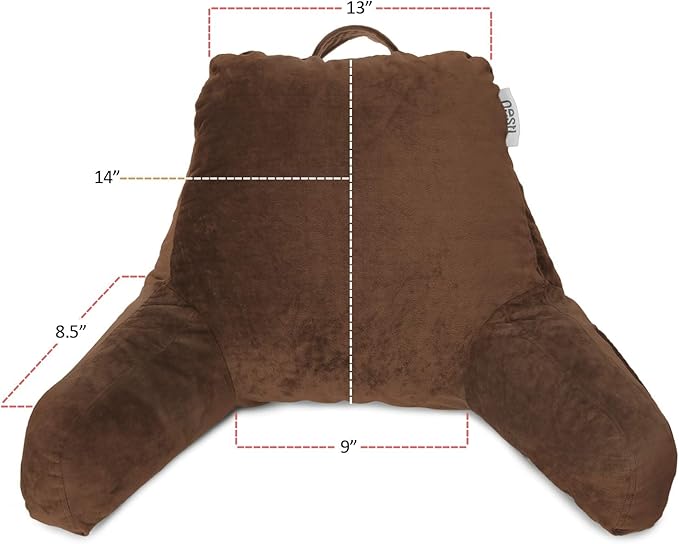 Nestl Reading Pillow with Portable Laptop Lap Desk, Velvet Feel Back Pillow for Sitting in Bed, Shredded Memory Foam Back Support Pillow for Bed, Bed Rest Pillow with Arms, Small - Brown - LeafyLoom