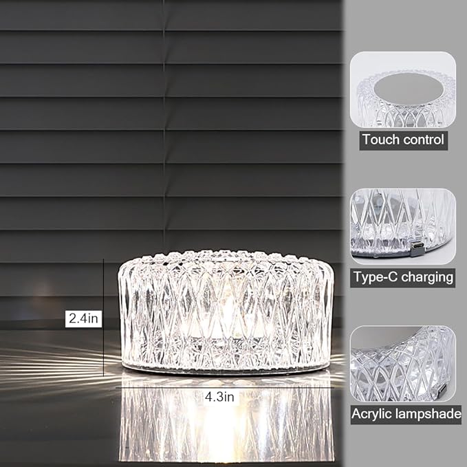 Portable Crystal LED Table Lamp, 3-Levels Brightness Desk Lamp, 3 Color Touch Control Rechargeable Lamp, Night Light, Bedside Lamp,Dining Room Lamp (3 Color) - LeafyLoom