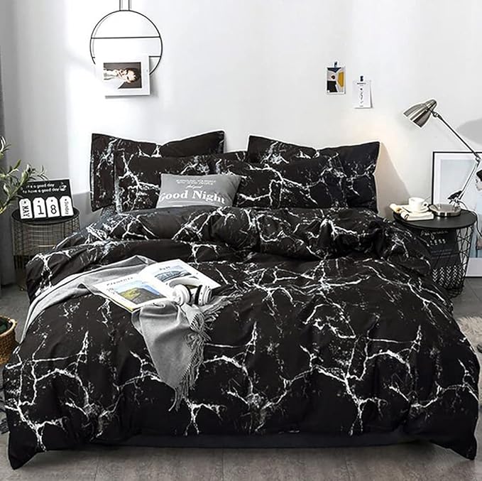 Black Marble Comforter Set Cal King Black Bedding Set Women Black Marble Comforter Lightweight Soft Black Marble Bedding Men Durable Black Marble Quilt Breathable Bed Comforter Set Cal King - LeafyLoom