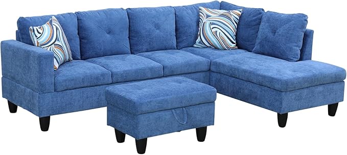 ROOMTEC Button L Shape Sectional Sofa Set, 5 Seat Upholstered Corner Couch with Storage Ottoman, Luxurious Linen Tufted Cushions, for Living Room, Apartment, 97inch, Blue w/Right Chaise Lounge - LeafyLoom