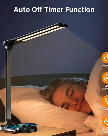 LED Desk Lamps for Home Office, Double Head Touch Desk Lamp with Wireless Charger, Dimmable Desk Light with USB Charging Port, Adjustable Reading Lamp, Eye-Caring Table Lamp with Night Light, 1H Timer - LeafyLoom