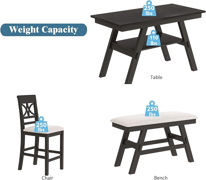 6-Piece Dining Room Table Set, Wood Counter Height Dining Table Set with Storage Shelf, 4 Upholstered Chairs and Bench, Kitchen Table and Chair Set for Dining Room, Espresso+Beige - LeafyLoom
