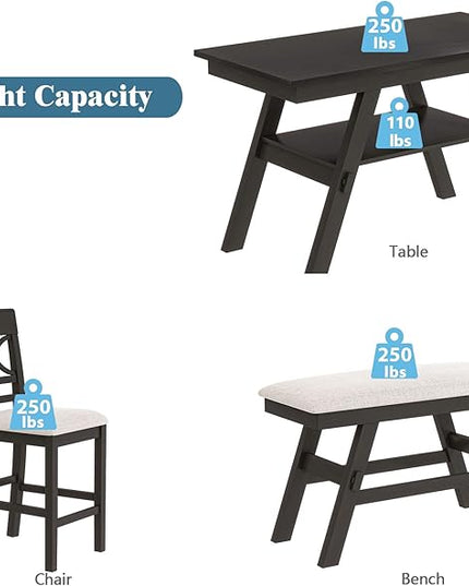 Wood Rustic Counter Height Dining Set for 5-6, Rectangular Table with Storage Shelf, Bench, and 4 Chairs, Espresso+Beige Cushion, 6 - LeafyLoom