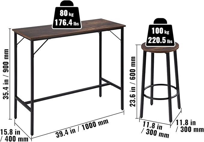 VEVOR Bar Table and Chairs Set 39" Pub Table Set with 2 Bar Stools Kitchen Dining Table and Chairs Set for 2 Iron Frame Counter Height Dining Sets for Home, Kitchen, Living Room - LeafyLoom