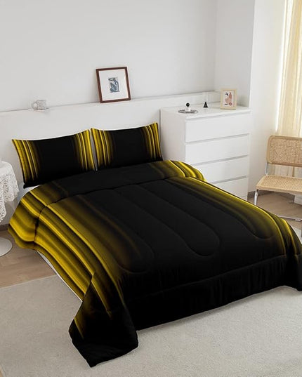 Geometric Abstract Ombre Bedding Bed Set Men Adults Teens Yellow Black Striped Comforter Set Kids Boys Girls Simple Modern Comforter Collection 3Pcs King Size Boys - LeafyLoom