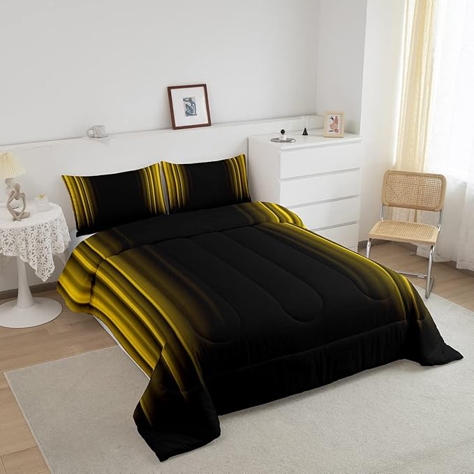 Geometric Abstract Ombre Bedding Bed Set Men Adults Teens Yellow Black Striped Comforter Set Kids Boys Girls Simple Modern Comforter Collection 3Pcs King Size Boys - LeafyLoom