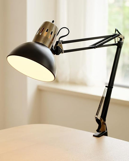 Globe Electric 62000009 32" Multi-Joint Desk Lamp with Metal Clamp, Matte Black, Antique Brass Accents, On/Off Rotary Switch on Shade, Partially Adjustable Swing Arm, Home Décor, Office Accessory - LeafyLoom