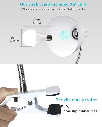 Desk lamp Eye-Caring Table Lamps, 360°Rotation Gooseneck Clip on Lamp Reading Light Portable Reading Book Light, Clamp Light, Study Desk Lamps for Bedroom and Office Home Lighting (White) - LeafyLoom