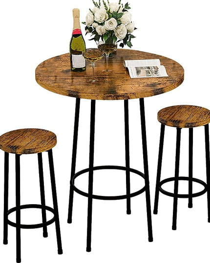 Recaceik 3 Piece Pub Dining Set, Modern Round bar Table and Stools for 2 Kitchen Counter Height Wood Top Bistro Easy Assemble for Breakfast Nook Living Room Small Space Restaurant, Rustic Brown 23 - LeafyLoom