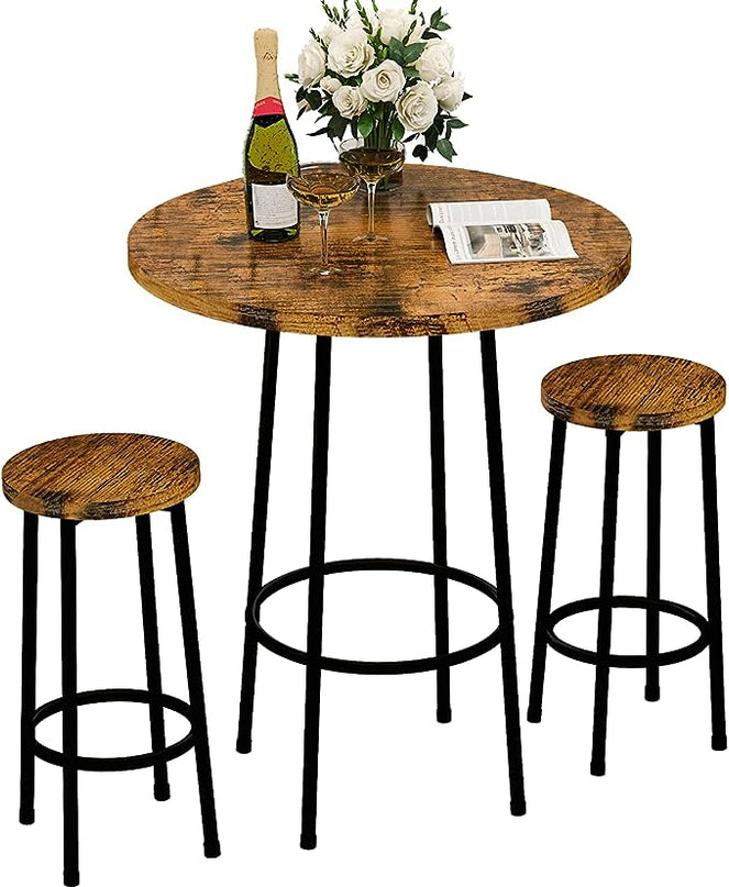 Recaceik 3 Piece Pub Dining Set, Modern Round bar Table and Stools for 2 Kitchen Counter Height Wood Top Bistro Easy Assemble for Breakfast Nook Living Room Small Space Restaurant, Rustic Brown 23 - LeafyLoom