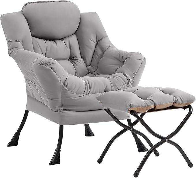 Cozy Lazy Chair and Ottoman, Large Contemporary Accent Lounge Chair Set, Leisure Upholstered Reading Armchair for Bedroom, Living Room, Dorm Rooms, Office - LeafyLoom