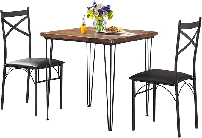VECELO 3-Piece Dining Room Kitchen Table and Pu Cushion Chair Sets for Small Space, 2, Classic Brown,Dining set for 2 - LeafyLoom