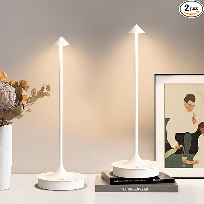 Set of 2 Cordless Table Lamp Rechargeable, Battery Operated Desk Lamp, 4000mAh LED Touch Lamp, Dimmable Portable Outdoor Waterproof Wireless Table Light for Restaurants/Bars/Outdoor(White) - LeafyLoom