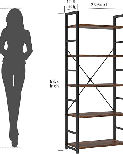 VERMESS 5 Tier Bookshelf, Tall Book Shelf, Vintage Industrial Bookcase Shelf with Open Display Shelves, Wood Storage Shelving Unit Metal Frame Standing Bookshelves for Bedroom/Home/Office, Rustic - LeafyLoom