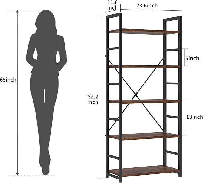 VERMESS 5 Tier Bookshelf, Tall Book Shelf, Vintage Industrial Bookcase Shelf with Open Display Shelves, Wood Storage Shelving Unit Metal Frame Standing Bookshelves for Bedroom/Home/Office, Rustic - LeafyLoom