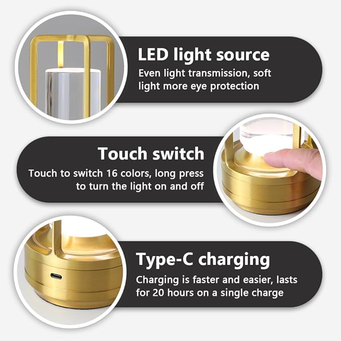 Portable Metal Desk Lamp,Cordless LED Table Lamp,Touch Control Rechargeable Lamp,3-Levels Brightness Room Decor Desk Lamp,Bedside Lamp,Night Light (Light Gold) - LeafyLoom