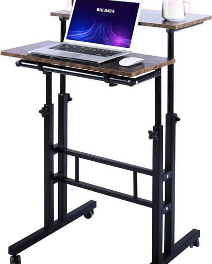 AIZ Double Adjustable Computer Desk Home Office Workstation with Rolling Wheels, Portable Laptop Table for Standing or Sitting, Adults or Children,Brown, Black & Yellow - LeafyLoom