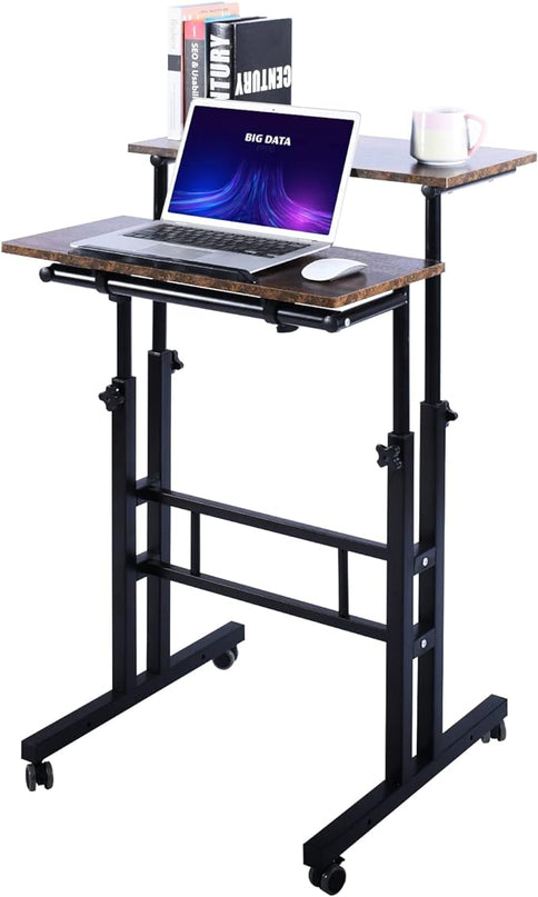 AIZ Double Adjustable Computer Desk Home Office Workstation with Rolling Wheels, Portable Laptop Table for Standing or Sitting, Adults or Children,Brown, Black & Yellow - LeafyLoom