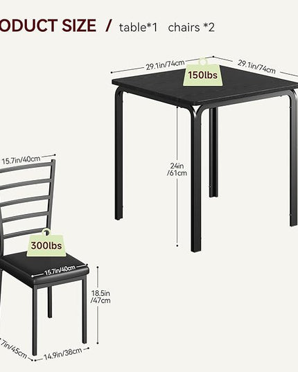 IDEALHOUSE Dining Table for 2, Small Table and Chairs Set of 2, Dinette Set for 2, Square Dinner Table Set, 3 Piece Kitchen & Dining Room Sets for Small Space (Black, Dining Table with 2Chairs) - LeafyLoom