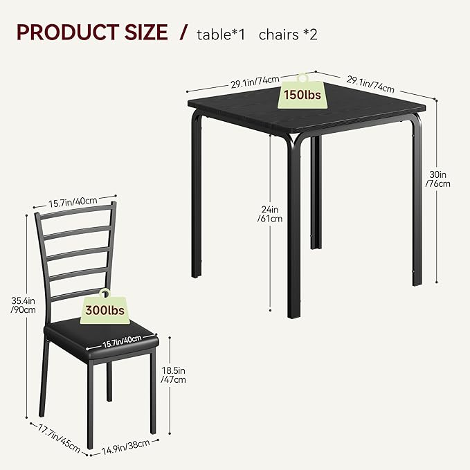 IDEALHOUSE Dining Table for 2, Small Table and Chairs Set of 2, Dinette Set for 2, Square Dinner Table Set, 3 Piece Kitchen & Dining Room Sets for Small Space (Black, Dining Table with 2Chairs) - LeafyLoom