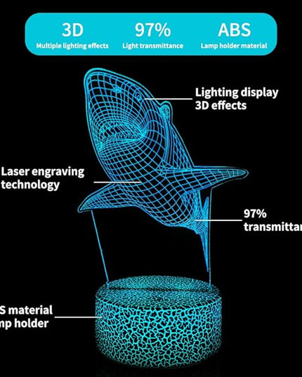 3D Night Light Shark Illusion Lamp with 16 Colors Remote Control Changing Lights LED Table Lamp Shark Lover for Bedroom Decor - LeafyLoom