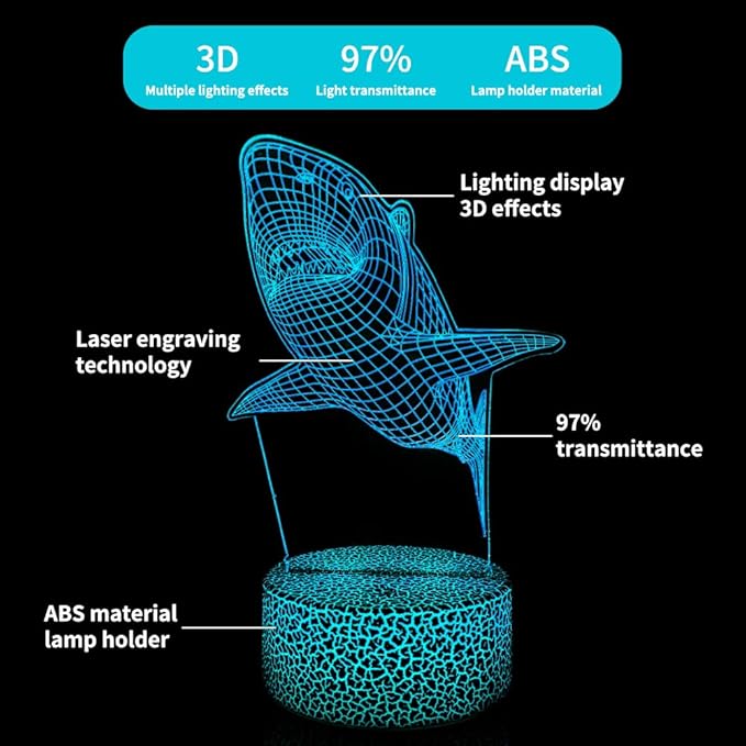 3D Night Light Shark Illusion Lamp with 16 Colors Remote Control Changing Lights LED Table Lamp Shark Lover for Bedroom Decor - LeafyLoom