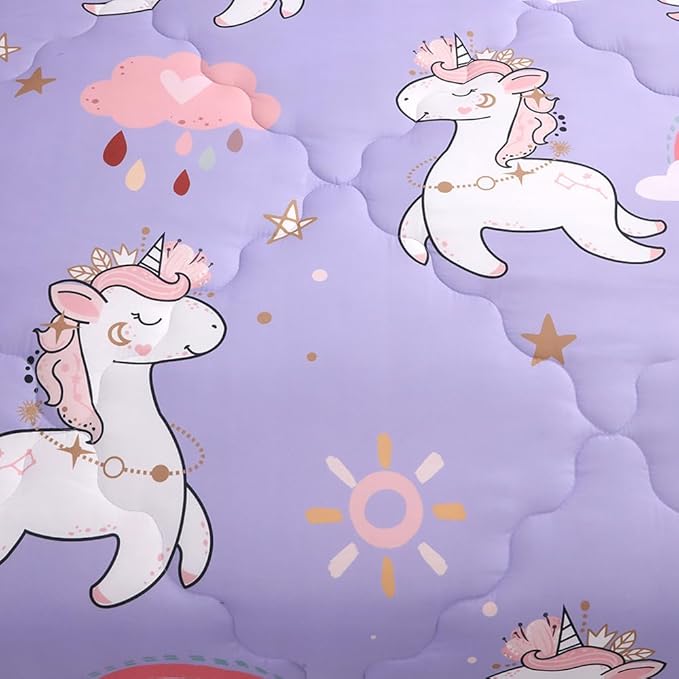 Wajade Kids Purple Unicorn Comforter Set Bed in A Bag Full Size 7 Piece Cute Unicorn Rainbow Clouds Bedding Set for Girls (1 Comforter, 1 Flat Sheet, 1 Fitted Sheet, 2 Pillowcase and 2 Pillow Sham) - LeafyLoom