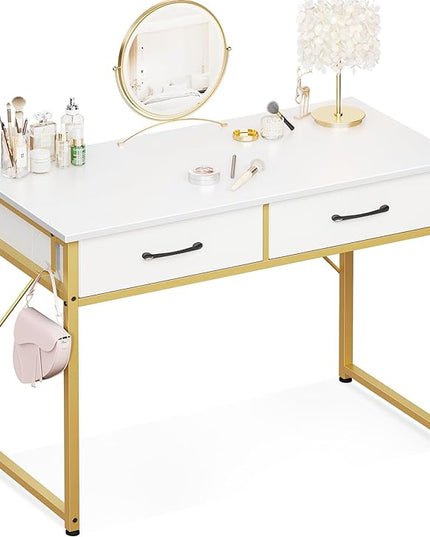 ODK Vanity Desk without Mirror, Makeup Vanity with 2 Fabirc Drawers, White Vanity Dressing Vanity Table with Versatile Hook, 40 Inch Girl Vanity for Bedroom, Desk Make Up for Girls, White and Gold - LeafyLoom
