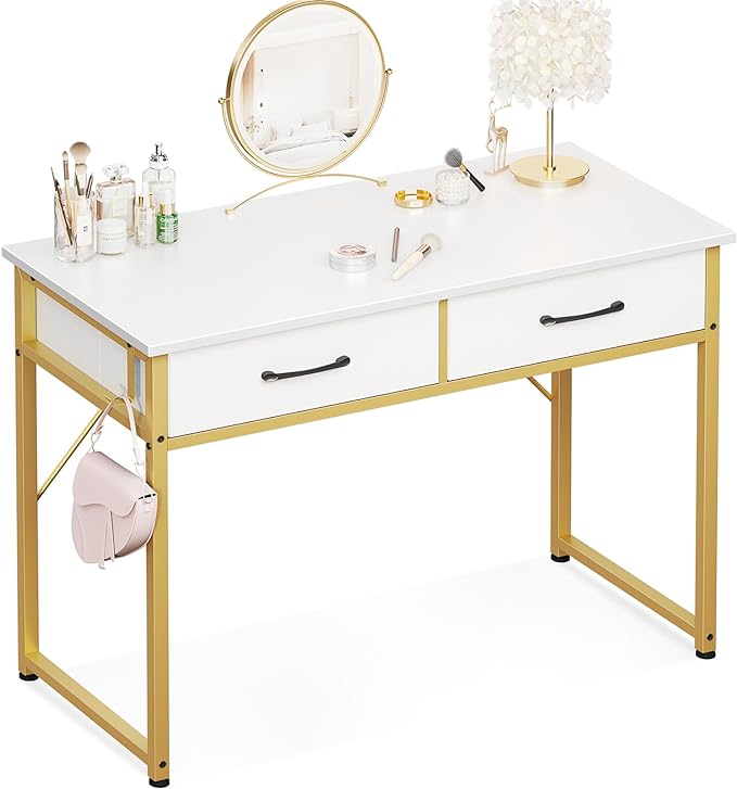 ODK Vanity Desk without Mirror, Makeup Vanity with 2 Fabirc Drawers, White Vanity Dressing Vanity Table with Versatile Hook, 40 Inch Girl Vanity for Bedroom, Desk Make Up for Girls, White and Gold - LeafyLoom
