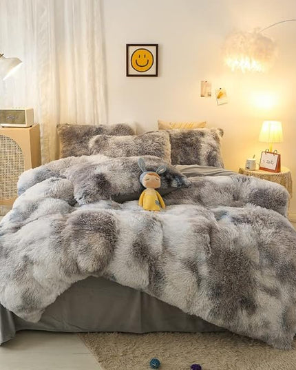 Faux Fur Kids Girls TD Black Comforter Sets King - 3PC Bed Set Warm Comfortable Soft Plush Flannel Velvet Fluffy Fuzzy Bedding（Comforter x 1 Pillowcases x 2） - LeafyLoom