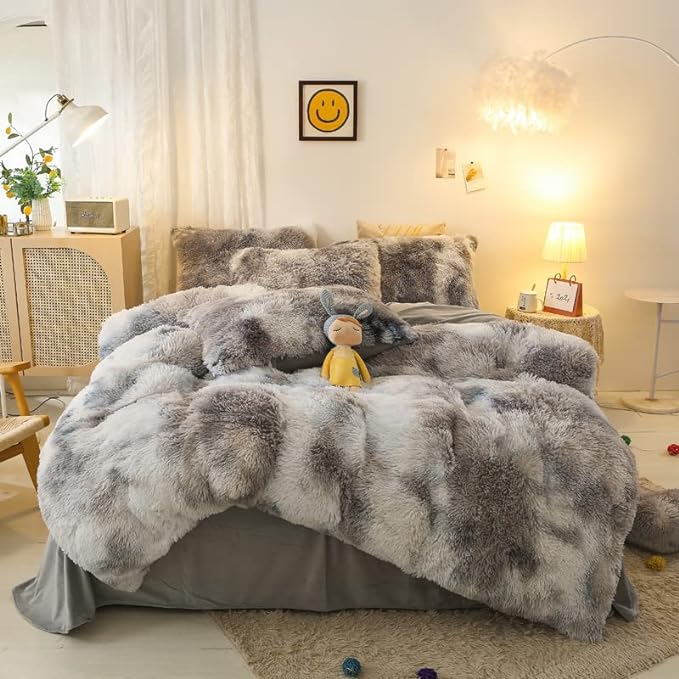 Faux Fur Kids Girls TD Black Comforter Sets King - 3PC Bed Set Warm Comfortable Soft Plush Flannel Velvet Fluffy Fuzzy Bedding（Comforter x 1 Pillowcases x 2） - LeafyLoom