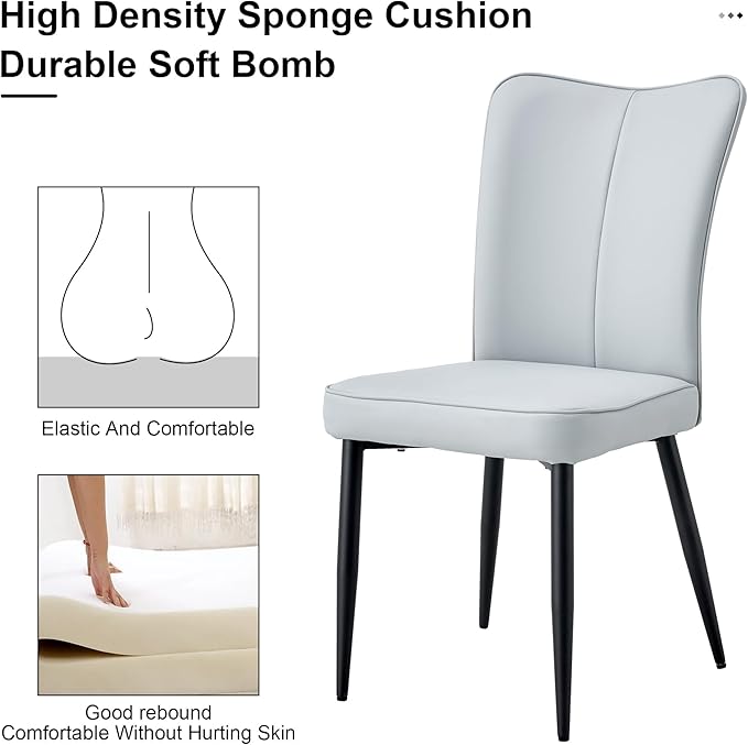 Modern Dining Chairs Set of 4, PU Leather Seat Cushions Light Gray Dining Room Chair, with Black Metal Legs Kitchen Chair for Home Living Room, Restaurant, Light Gray Chair Black Legs - LeafyLoom