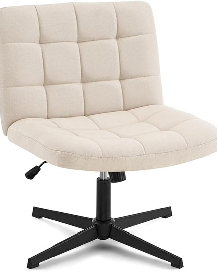 Furniliving Linen Office Desk Chair No Wheels, Armless Swivel Home Office Chair Height Adjustable Wide Office Chair for Bedroom, Modern Mid Back Accent Chair Computer Task Chair, Beige - LeafyLoom