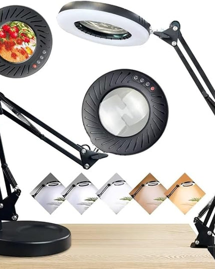 2-in-1 Large Magnifying Glass with Light and Stand-Lighted Magnifying Glass Magnifying Lamp 5 Color Modes Stepless Dimmable-Hands Free Desk Magnifying Glass with Light for Close Work Reading Repair - LeafyLoom