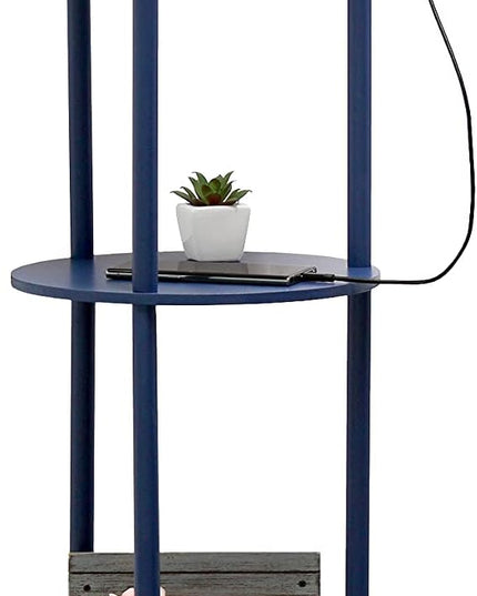 Simple Designs LF2010-NAV 62.5" Round Modern Shelf Etagere Organizer Storage Floor Lamp with 2 USB Charging Ports, 1 Charging Outlet and Linen Shade for Living Room Bedroom Office, Navy - LeafyLoom