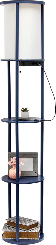 Simple Designs LF2010-NAV 62.5" Round Modern Shelf Etagere Organizer Storage Floor Lamp with 2 USB Charging Ports, 1 Charging Outlet and Linen Shade for Living Room Bedroom Office, Navy - LeafyLoom