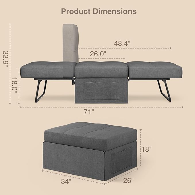 Sleeper Chair Bed, 4 in 1 Convertible Chair Bed Sofa Bed, Assembly-Free Sofa Chair Bed with Adjustable Backrest and Pillow, Modern Breathable Linen Fabric for Living Room Apartment Office, Dark Grey - LeafyLoom