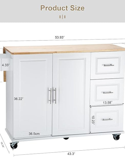 Mobile Kitchen Island with Extensible Rubber Wood Table Top,Adjustable Shelf Inside, Cabinets Cart w/ 3 Storage Drawers,Spice Towel-Rack,for Dining Room Bar,White, 53.93" L x 17" W x 36.22" H - LeafyLoom