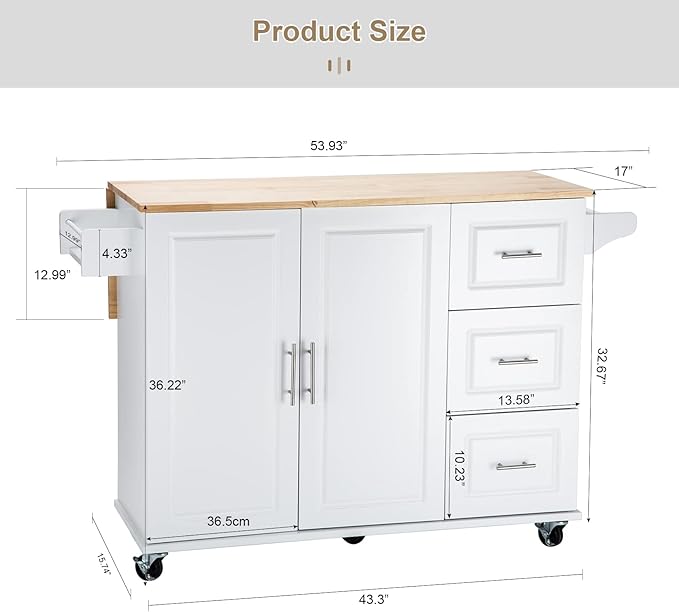 Mobile Kitchen Island with Extensible Rubber Wood Table Top,Adjustable Shelf Inside, Cabinets Cart w/ 3 Storage Drawers,Spice Towel-Rack,for Dining Room Bar,White, 53.93" L x 17" W x 36.22" H - LeafyLoom
