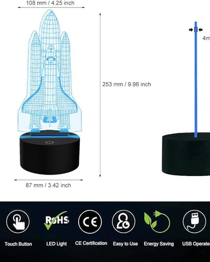 Rocket Night Light 3D Illusion Lamp LED Space Shuttle Nightlight 7 Color Changing Touch Sensor Desk Table Lamp with USB Cable Decoration for Nursery Bedroom Kids Boys Birthday Gifts - LeafyLoom
