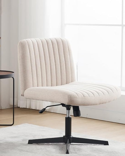 Armless Office Chair Wide Desk Chair Mid Back Accent Chair Padded Swivel Vanity Chair for Girl Women Computer Task Chair for Home Office (Linen, Beige with Cross Base) - LeafyLoom
