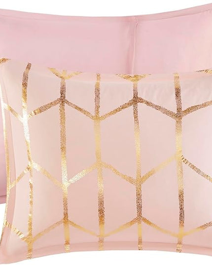 Intelligent Design Raina Twin / Twin XL Comforter Set, Soft Microfiber Comforter Set Twin, Modern Geometric Metallic Bed Set, 4 Pieces College Bedding Comforter Set with 1 Sham, 2 Toss Pillows Blush - LeafyLoom
