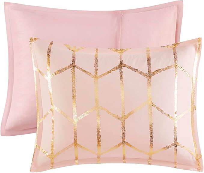 Intelligent Design Raina Twin / Twin XL Comforter Set, Soft Microfiber Comforter Set Twin, Modern Geometric Metallic Bed Set, 4 Pieces College Bedding Comforter Set with 1 Sham, 2 Toss Pillows Blush - LeafyLoom