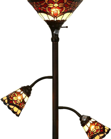 Bieye L10868 Tiffany Style Stained Glass 3-Light Torchiere Floor Lamp with Sidelights for Reading, 70-inches Tall (Baroque, Red) - LeafyLoom