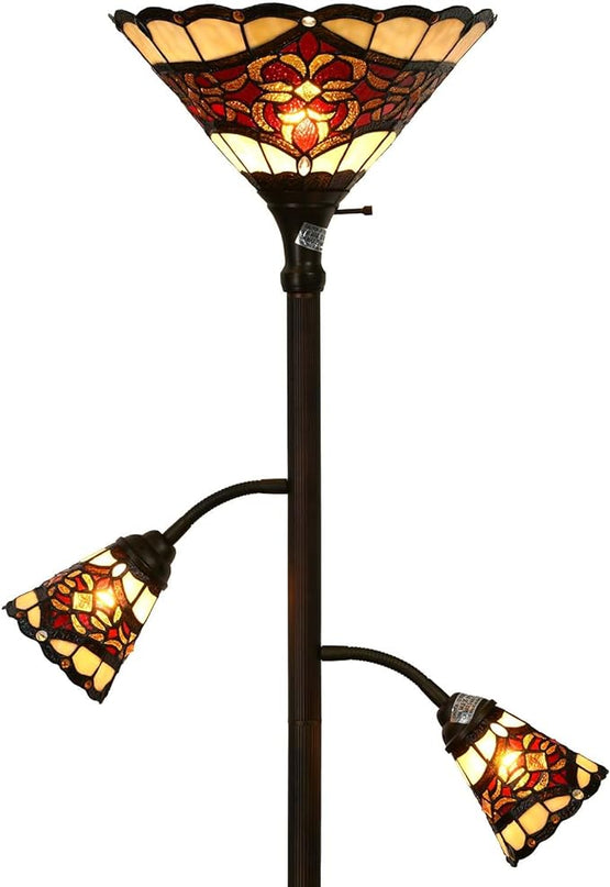 Bieye L10868 Tiffany Style Stained Glass 3-Light Torchiere Floor Lamp with Sidelights for Reading, 70-inches Tall (Baroque, Red) - LeafyLoom