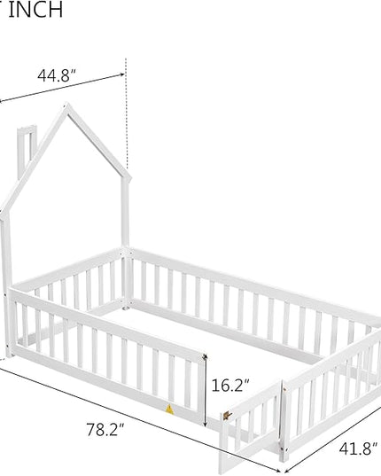 Twin Size Kids Montessori Floor Bed,House-Shaped Headboard Floor Bed for Kids,Floor Bed with Fence and Door,House Bed Twin Frame for Girls,Boys(Twin,White) - LeafyLoom