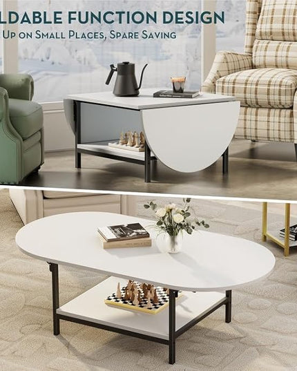 SAYGOER White Coffee Table Modern Extended Coffee Tables with Storage for Living Room 2-Tier Unique Center Table with Two Foldable Panel for Any Large or Small Space, White - LeafyLoom