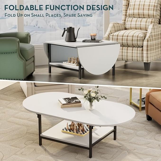 SAYGOER White Coffee Table Modern Extended Coffee Tables with Storage for Living Room 2-Tier Unique Center Table with Two Foldable Panel for Any Large or Small Space, White - LeafyLoom