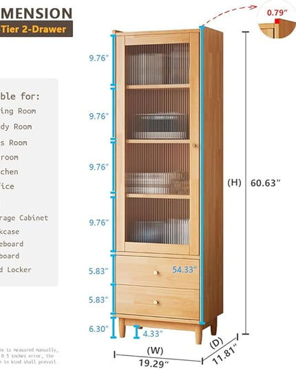 Wooden Glass Door Bookcase - 4-Tier Cube Bookshelf Storage Cabinet with Double Drawer and Adjustable Shelf, Solid Wood Legs Cupboard in Pear Yellow - LeafyLoom